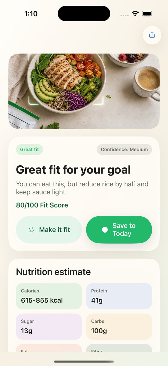 Nuvora AI Result screen: 'Great fit for your goal', 80 out of 100 fit score, with a nutrition estimate of calories, protein, sugar, and carbs.