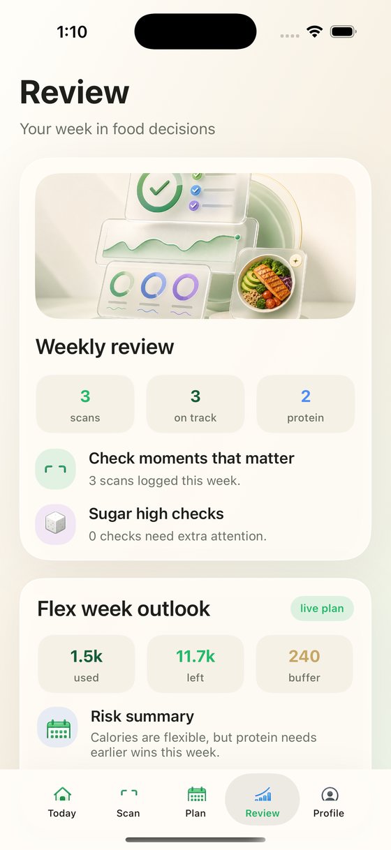 Nuvora AI Review screen with weekly review stats and Flex week outlook